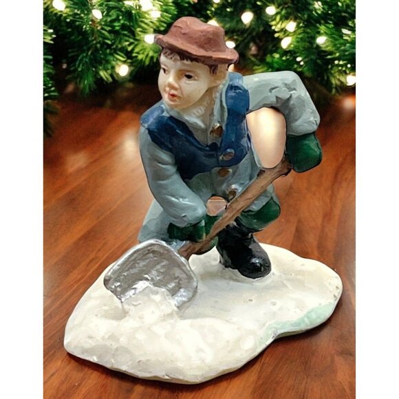 Vintage Christmas Village Figurine Boy Shoveling Snow Winter Scene - Picture 1 of 7